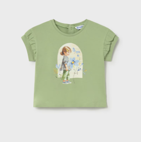 Mayoral Frill Sleeve Girl Print T-Shirt Style 1080 - Green