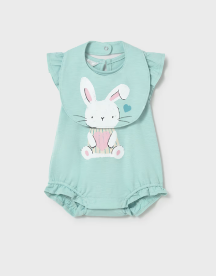 Mayoral Ruffled Bunny Print Romper with Bib Style 1710 - Anise