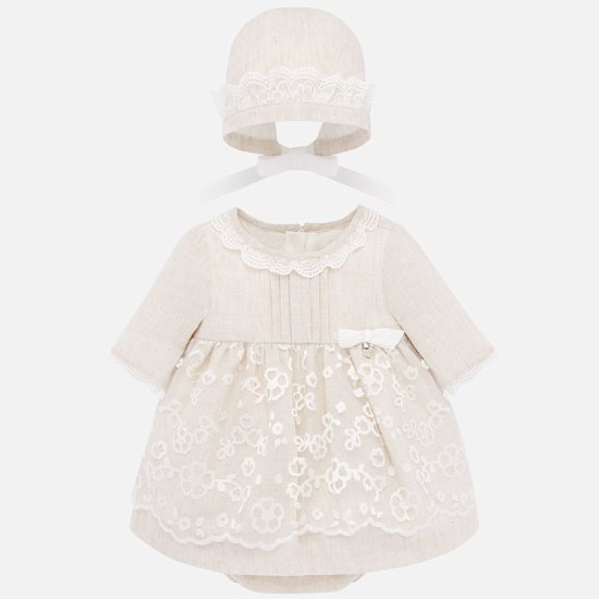 Mayoral Natural Linen Dress & Bonnet Set Style 1869