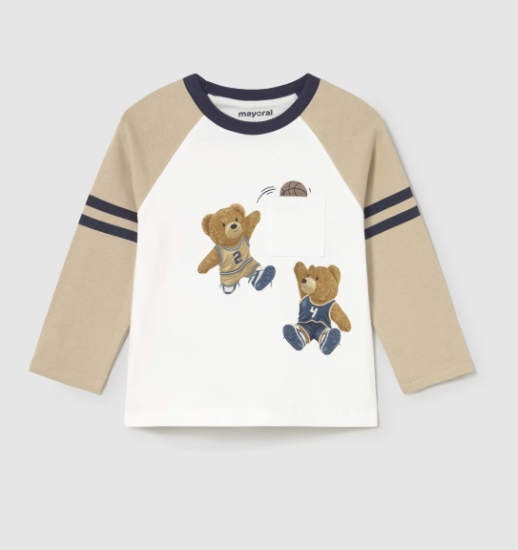 Mayoral L/S Contrast Sleeve Bear Print T-Shirt Style 2059 -Latte