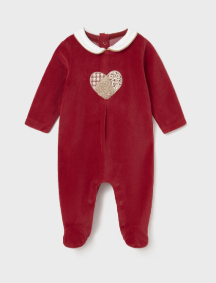 Mayoral L/S Velour Heart Applique Sleepsuit Style 2702 - Cherry