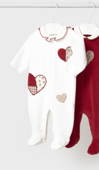 Mayoral L/S Ruffled Neck Velour Onesie Style 2702 - White/Cherry