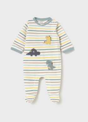 Mayoral Striped Velour Dinosaur Appliqued Onesie Style 2718 -Ice Mayoral Striped Velour Dinosaur Appliqued Onesie Style 2718 -Ice