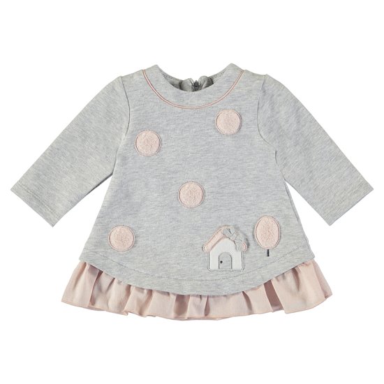 Mayoral Pearl Grey Fleece Dress with Pink Frill Hem Style 2803