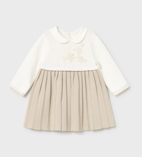 Mayoral Knitted Pleated Embroidered Dress Style 2804 - Soy