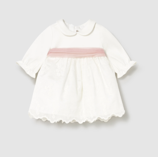 Mayoral Embroidered Dress with Faux Sash Style 2818 - Ecru