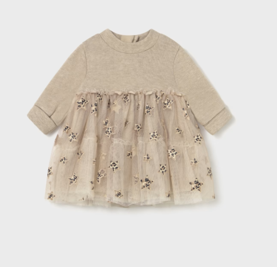 Mayoral Dress with Star Appliqued Tulle Skirt Style 2824 - Oat