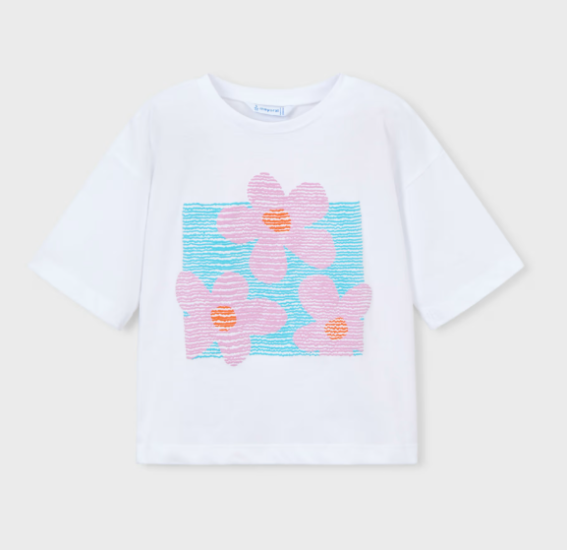 Mayoral Flower Textured Print T-Shirt Style 3016 - White/Lilac