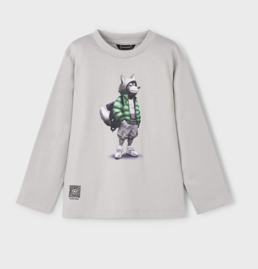 Mayoral L/S T-Shirt with Wolf in Hoodie Print Style 4083 - Smoke