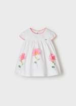 Mayoral White S/S Dress with Applique Pink Flowers Style 1907
