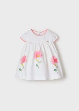 Mayoral White S/S Dress with Applique Pink Flowers Style 1907